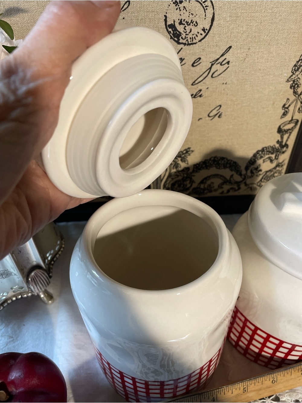 Rae Dunn white red plaid gingham ceramic canister set - Picture 5 of 6